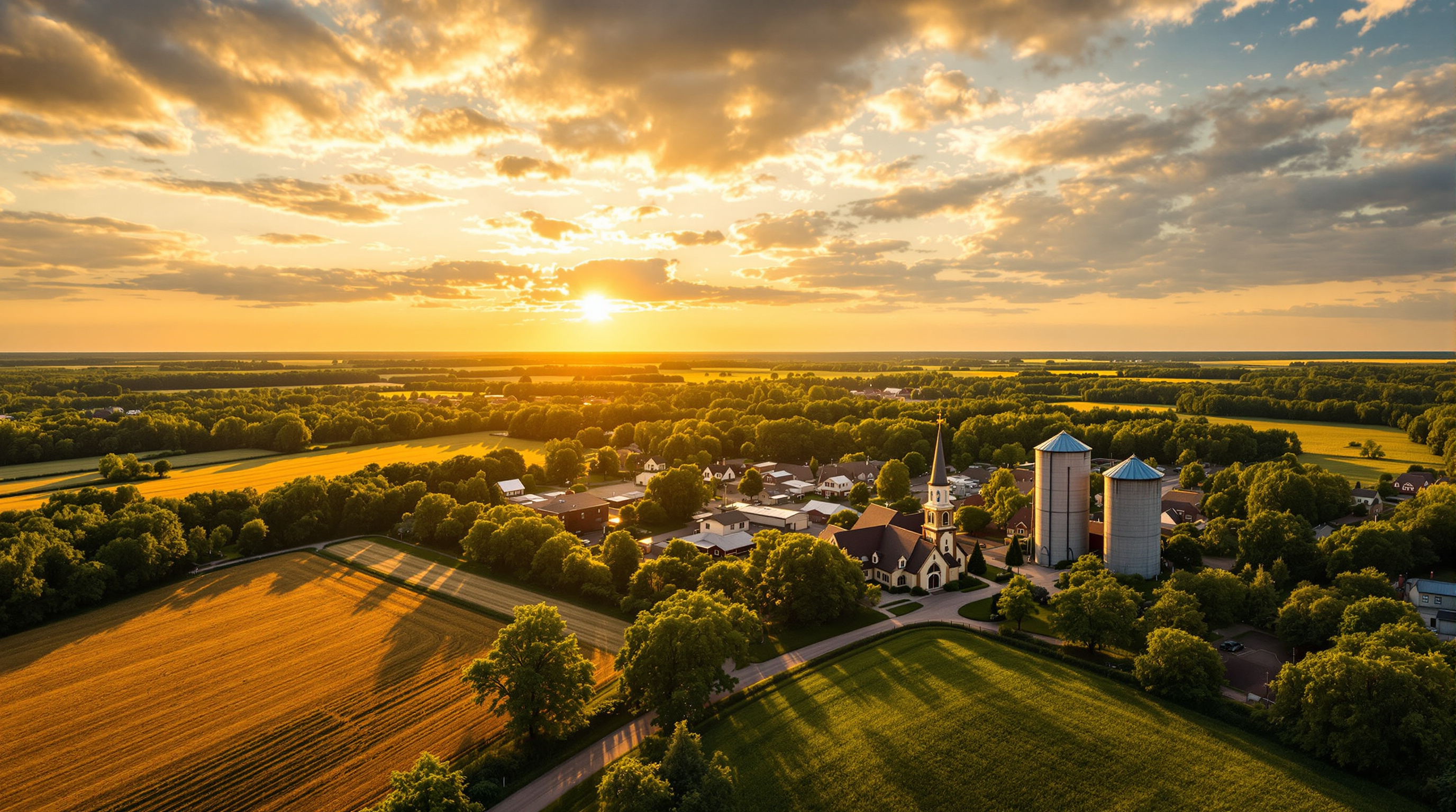 Aerial view of the Kimball area in central Minnesota showing farms, forests, and small-town community